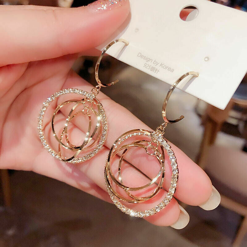 Silver Plated Gold Crystal Circles Earrings Hoop Drop Women Jewelry Lab-Created