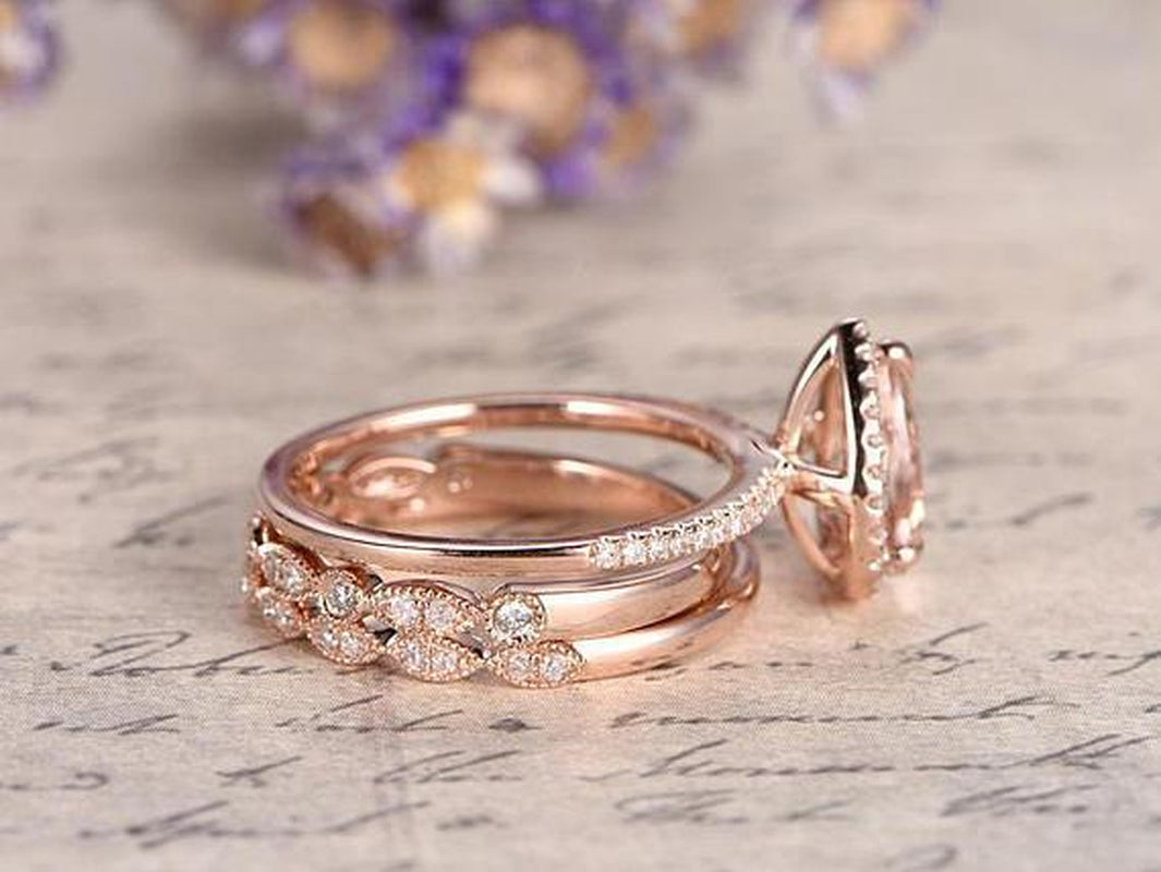 1.75 Carat Pear Cut Lab Created Morganite Art Deco Trio Bridal Set in 18K Rose Gold over Silver