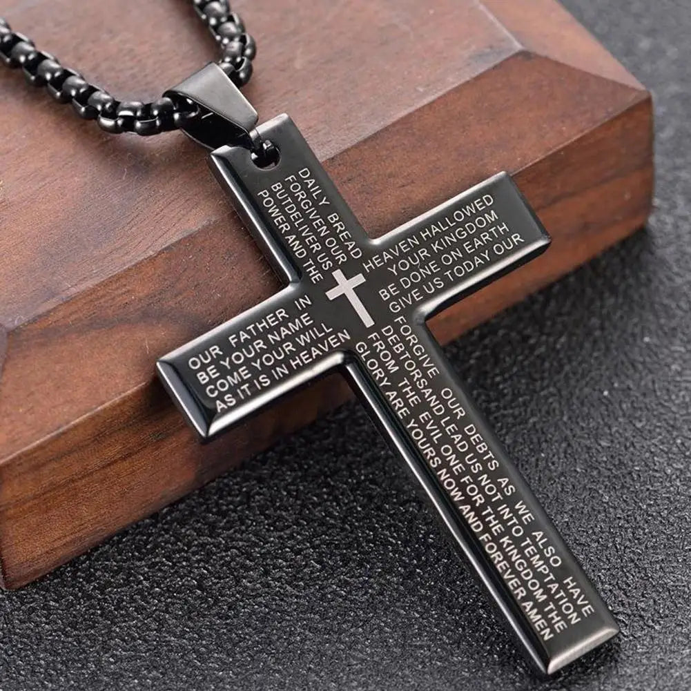 Christian Bible Cross Chain Necklace Stainless Steel Big Pendant Necklace Men'S Religious Prayer Jewelry Corrente Masculina