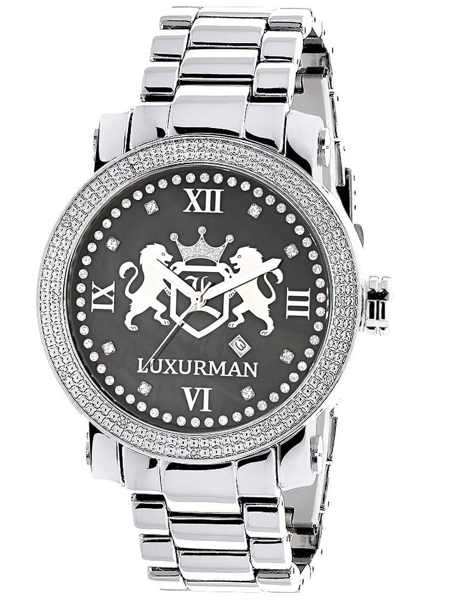 Designer Large Watches: Phantom Real Diamond Watch for Men 0.12Ct Black MOP Metal Band + Leather Straps